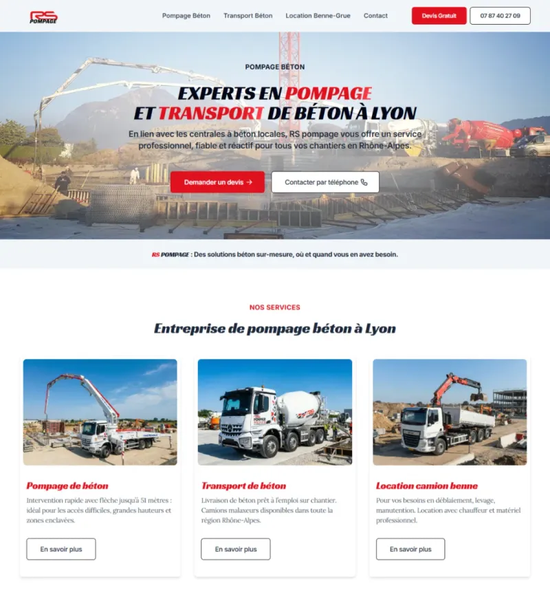 Page d'accueil du site RS Pompage, pompage béton à Lyon