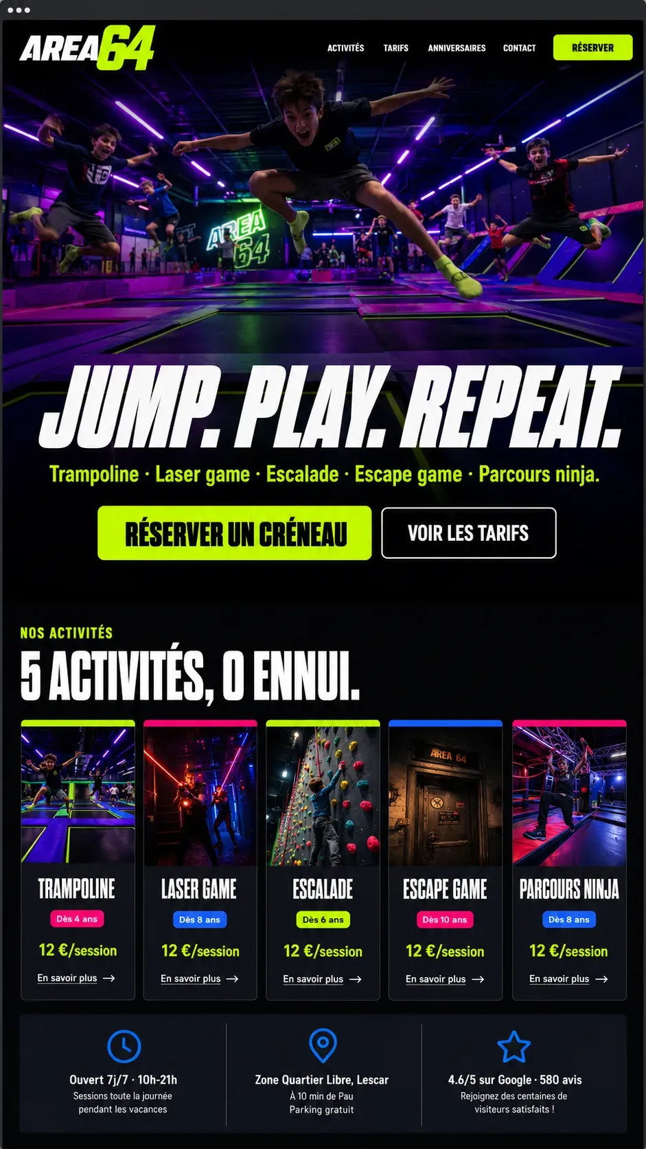 Exemple de site internet pour un complexe de loisirs indoor, page d'accueil avec activités et bouton de réservation