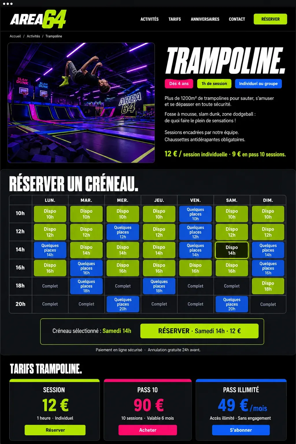 Exemple de page activités et planning d'un lieu de loisirs avec créneaux et tarifs