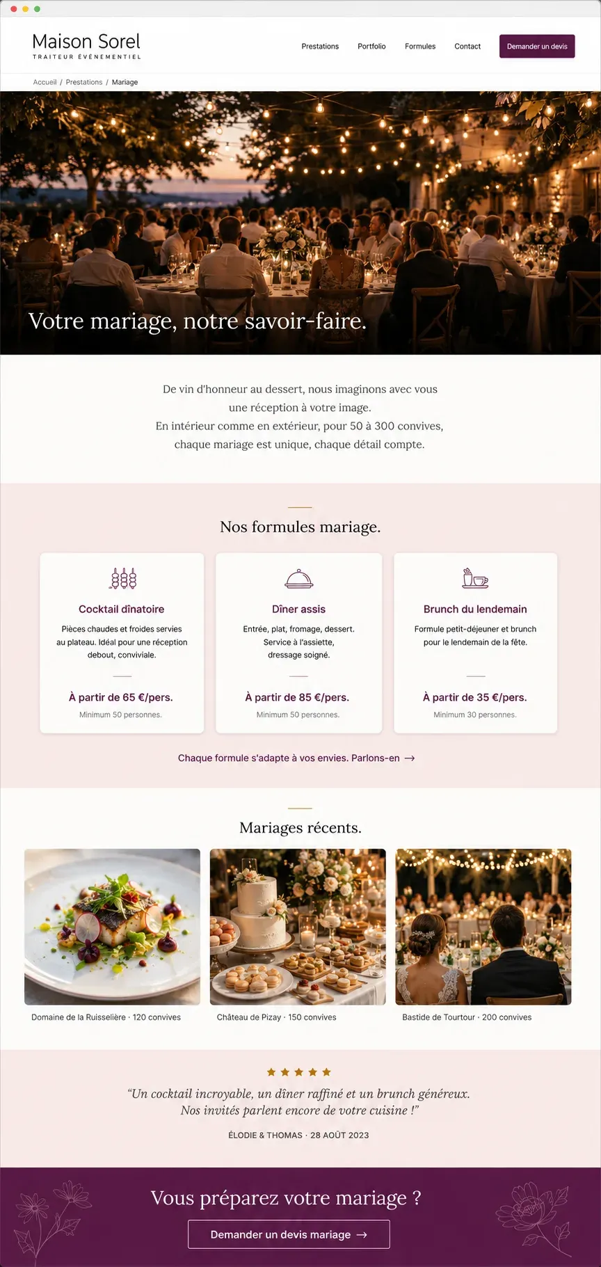 Exemple de page mariage pour un site de traiteur, prestations et photos de dressage