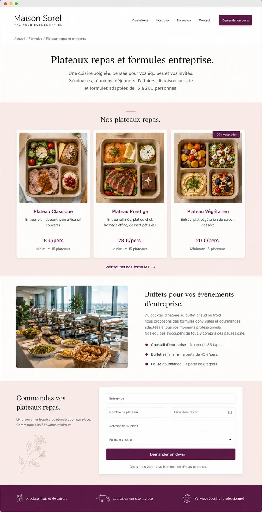 Exemple de page formules et plateaux repas pour un site de traiteur